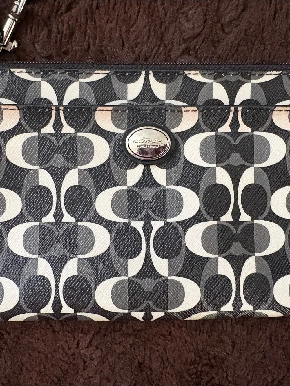 Coach Black and White Signature Leather Logo Wristlet